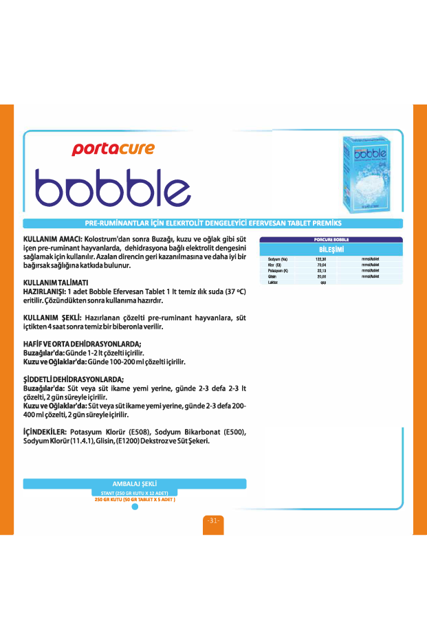 BOBBLE Pre-Ruminantlar İçin Elekrtolit Dengeleyici Efervesan Tablet Premiks - 50GR x