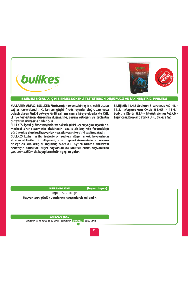 BULLKES Besideki Sığırlar İçin Bitkisel Kökenli Testesteron Düşürücü Ve Sakinleştirici Pelet Premiks