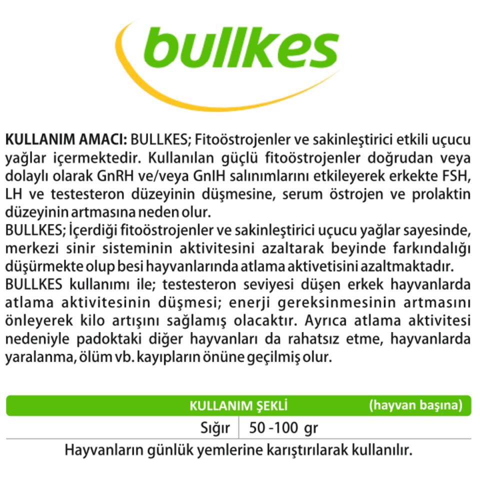 BULLKES Besideki Sığırlar İçin Bitkisel Kökenli Testesteron Düşürücü Ve Sakinleştirici Pelet Premiks