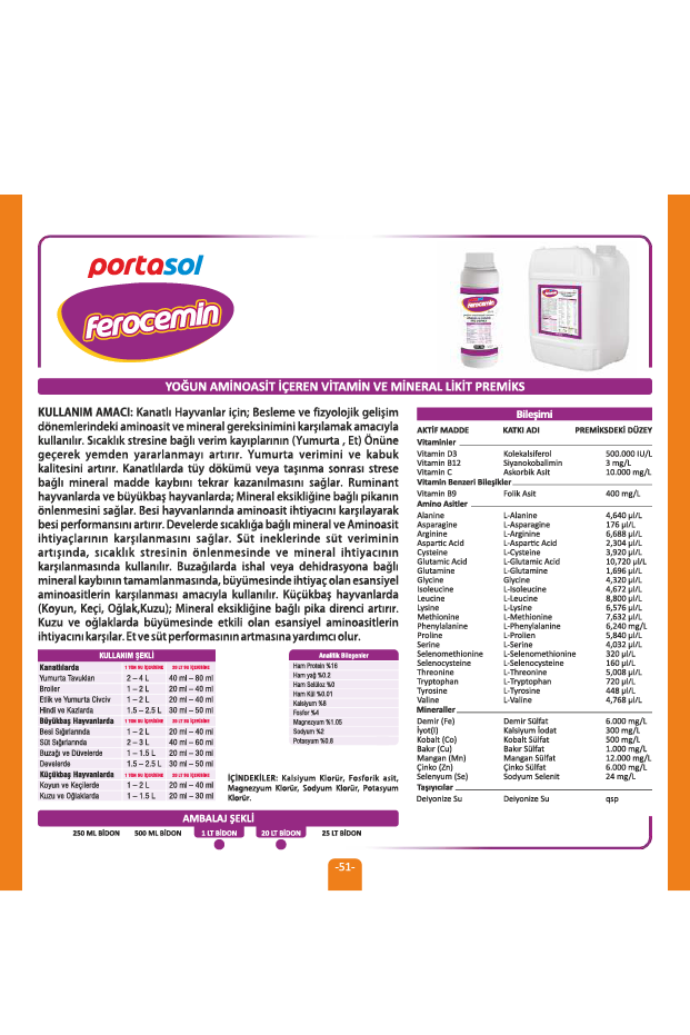 FEROCEMİN Yoğun Aminoasit İçeren Vitamin Ve Mineral Likit Premiks