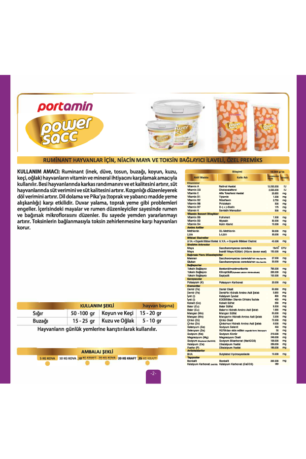 POWERSACC Ruminant Hayvanlar İçin, Niacin Maya ve Toksin Bağlayıcı İlaveli Özel Premiks