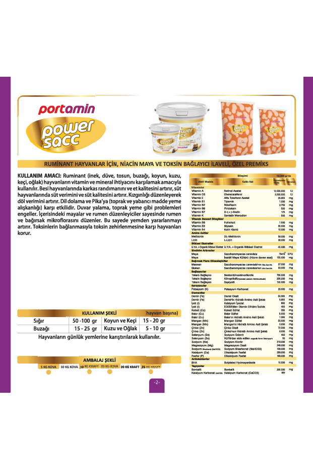 POWERSACC Ruminant Hayvanlar İçin, Niacin Maya ve Toksin Bağlayıcı İlaveli Özel Tamamlayıcı Yem