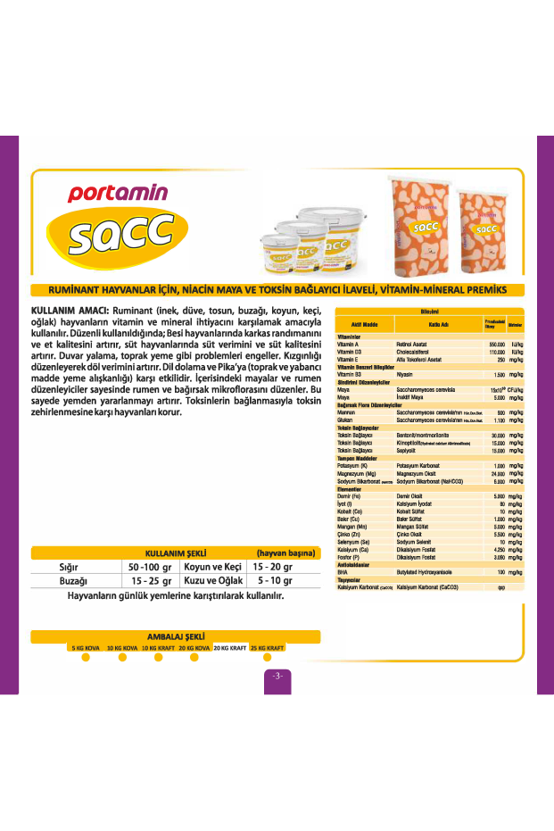 SACC Ruminant Hayvanlar İçin, Niacin Maya Ve Toksin Bağlayıcı İlaveli, Vitamin-Mineral Premiks