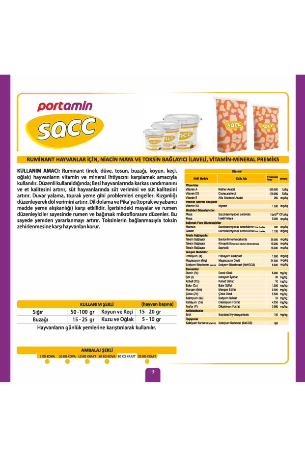 SACC Ruminant Hayvanlar İçin, Niacin Maya Ve Toksin Bağlayıcı İlaveli, Vitamin-Mineral