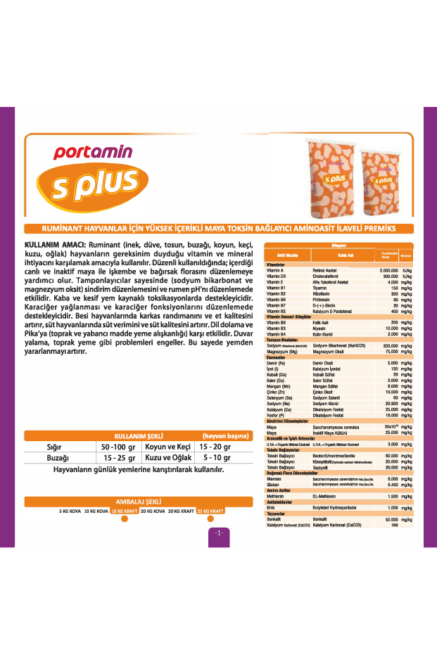S PLUS Ruminant Hayvanlar İçin Yüksek İçerikli Maya Toksin Bağlayıcı Aminoasit İlaveli Premiks