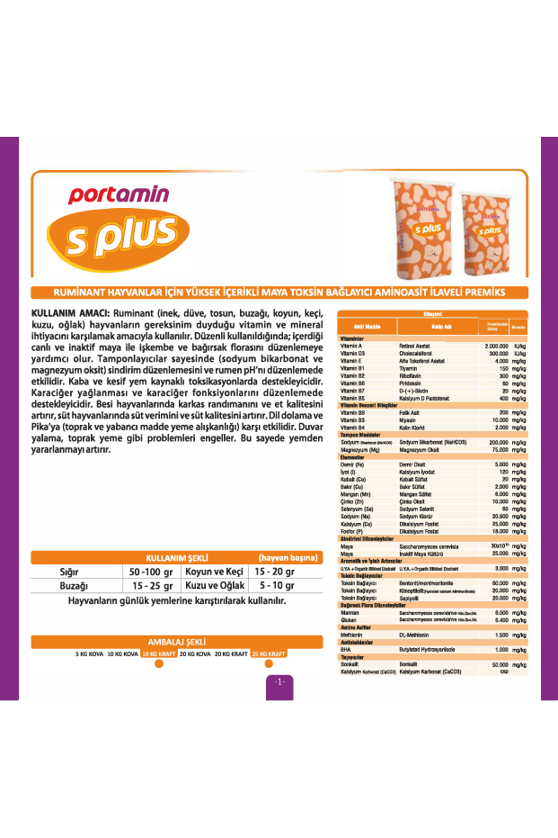 S PLUS Ruminant Hayvanlar İçin Yüksek İçerikli Maya Toksin Bağlayıcı Aminoasit İlaveli Premiks