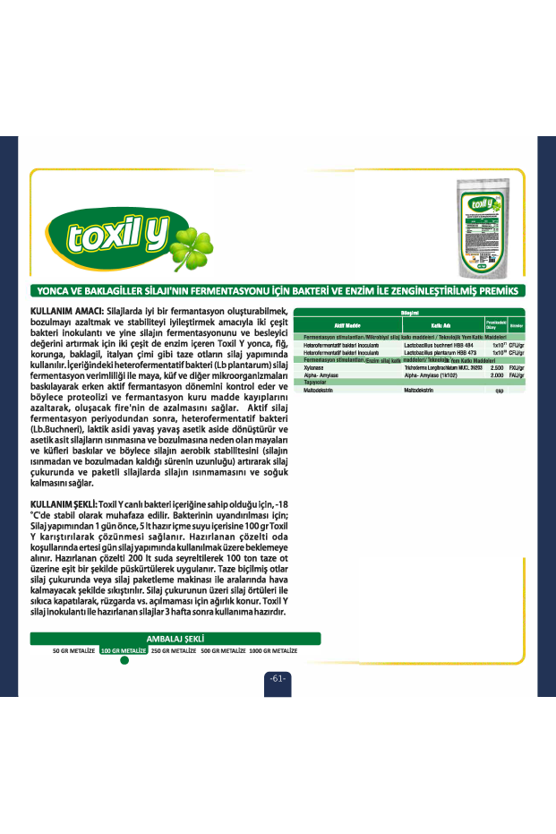 TOXİL Y Yonca Ve Baklagiller Silajının Fermentasyonu İçin Bakteri Ve Enzim İle Zenginleştirilmiş Premiks