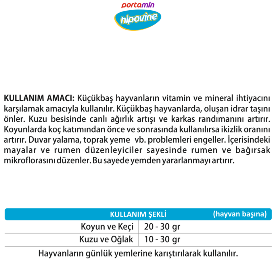 HİPOVİNE Koyun ve keçiler  İçin Aminoasit – Anyonik Tuz Ve Maya İlaveli Premiks